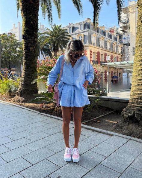 🦋🌴🐚🍋 the perfect blue set for spring, rate this ? #ootd #inspo #summervibes #springsummer #springstyle #springfashion #biarritz Mint Skirt, You Look Fab, White Overalls, Summer Uniform, Colorful Blouses, Checkered Skirt, Perfect Blue, Ootd Inspo, Checkered Dress