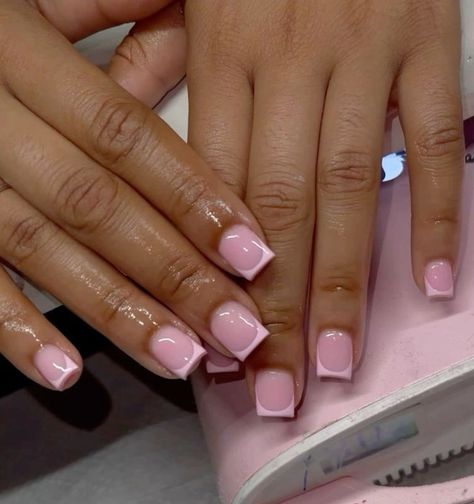 Natural Nail Pink French Tip, Pink On Pink Short French Tip, Short Pink French Tip Nails With Glitter, Light Pink French Tip Nails Square Short, Pink Short Set Nails, Short French Pink Nails, Baby Pink French Tip Nails Square Short, Short Baby Pink Acrylic Nails, Pink French Short Nails