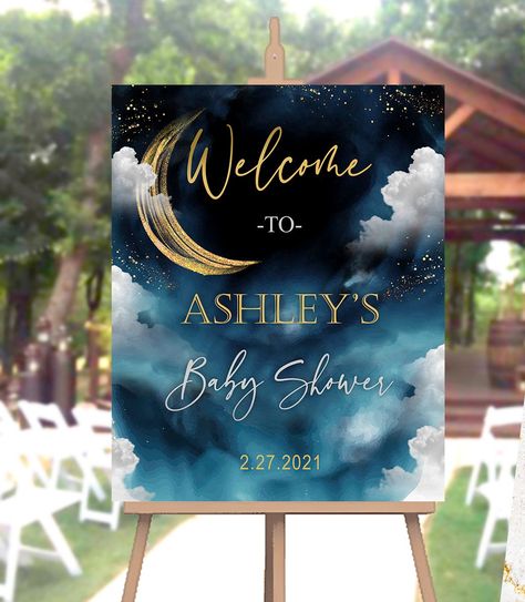 Starry Baby Shower Theme, Acotar Baby Shower Ideas, Moon Baby Shower Ideas, Star And Moon Baby Shower Ideas, Night Time Baby Shower Ideas, Space Baby Shower Theme, Starry Night Baby Shower Theme, Moon Themed Baby Shower Ideas, Galaxy Theme Baby Shower Ideas