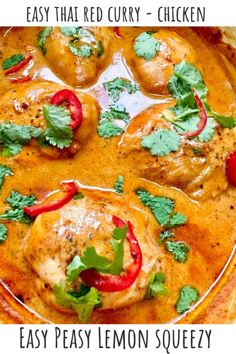 A tray of Thai Red Curry Chicken Thighs Chicken Thigh Thai Recipes, Chicken Thigh Recipes Curry, Thai Chicken Thigh Recipes, Curry Chicken Thigh Recipes, Thai Chicken Thighs, Crock Pot Curry, Thai Red Curry Chicken, Curry Chicken Thighs, Curry Vegetarian