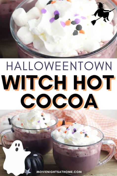 Hocus Pocus Hot Chocolate, Halloweentown Movie Night, Halloween Drinks Nonalcoholic, Halloweentown Movie, Halloween Town Movie, Drinks Nonalcoholic, Halloween Ice Cream, Movie Night Food, Hocus Pocus Party