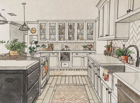 Kitchen In Perspective, Cafe Drawing Interior, Kitchen One Point Perspective, Interior Design Kitchen Drawing, Kitchen Design Sketch, Kitchen Perspective Drawing, Restaurant Perspective, Perspective Drawing Interior, Kitchen Design Drawing