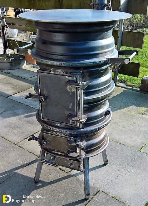 Amazing Wheel Rim Fire Pit Design Ideas | Engineering Discoveries Rim Fire Pit, Diy Wood Stove, Outdoor Fire Pit Designs, Fire Pit Ring, Bbq Grill Design, Fire Pit Furniture, Portable Fire Pits, Fire Pit Grill, Patio Fire Pit