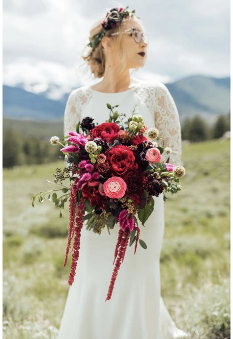 Fuchsia Bridal Bouquet, Burgundy Peony Bridal Bouquet, Celosia Wedding Bouquet, Hanging Amaranthus Bouquet, Dolomite Elopement, Bouquet With Amaranthus, Celosia Bouquet, Amaranthus Wedding, Bold Bridal Bouquet