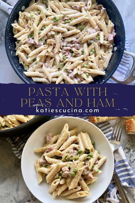 Make my one pot Pasta with Peas and Ham in under a half hour utilizing leftover ham, penne pasta, frozen peas, and heavy cream. This is a family favorite dinner recipe among both kids and adults with easy clean-up! Ham And Peas Pasta With Garlic Parmesan Cream Sauce, Ham Pasta Recipes Dinners, Pasta And Ham Recipes, Heavy Cream Recipes Dinner, Ham Penne Pasta, Ham And Peas Pasta, Pasta With Ham And Peas, Ham Peas And Pasta, Ham Pasta Recipes