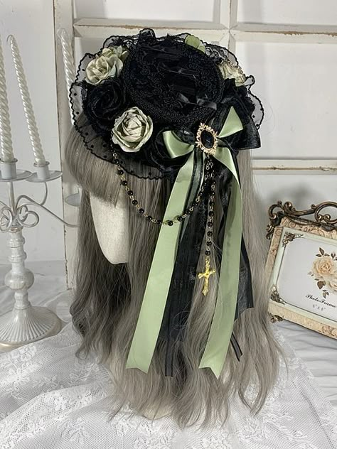 Elevate your gothic-inspired look with our gothic cross chains black and green elegant floral design bowknots hat. This unique hat features a striking combination of black and green, adorned with elegant floral designs and stylish bowknots. The addition of gothic cross chains adds a touch of edgy sophistication to this accessory. Made with high-quality materials, this hat is the perfect statement piece to complete your alternative fashion ensemble. Add a touch of dark elegance to your outfit wit Black Jewellery, Womens Hats, Wedding Dress Suit, Gothic Crosses, Gothic Vintage, Punk Vintage, Green Accessories, Types Of Hats, Gothic Accessories