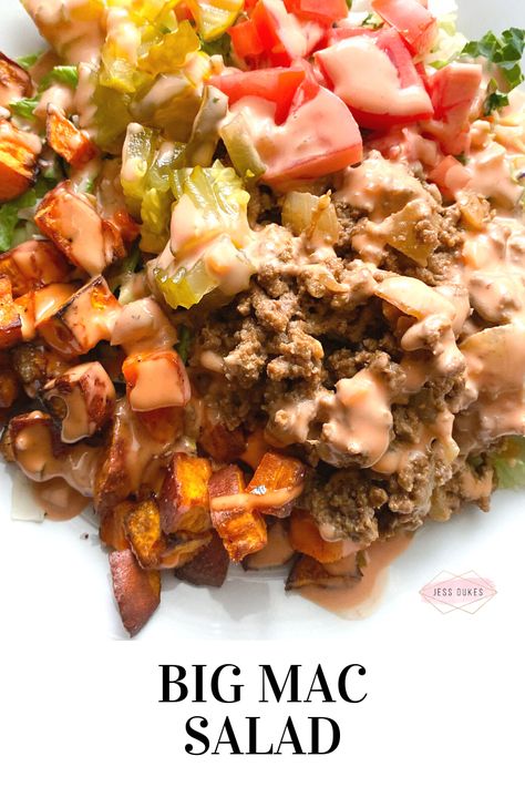 2B Mindset Big Mac salad! Gluten, dairy, egg and soy free too! 2b Mindset Meal Plan, Beachbody Meal Plan, Big Mac Salad, Mac Salad, 2b Mindset, Meal Inspiration, Beachbody Recipes, Yummy Salads, Sample Meal Plan