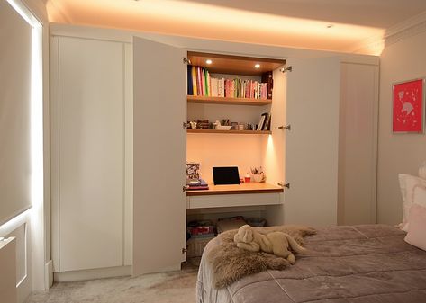 Bespoke hidden desk concealed within wardrobe. Integrated lighting, Oak desk, white lacquered cupboards. Designed and made by Maxwell Pinborough. Multi Purpose Desk Ideas, Hidden Desk In Wardrobe, Study Cupboard, Hidden Wardrobe, Alcove Wardrobe, Bathroom Plants Decor, Furniture Joinery, Wardrobe Desk, Hidden Desk