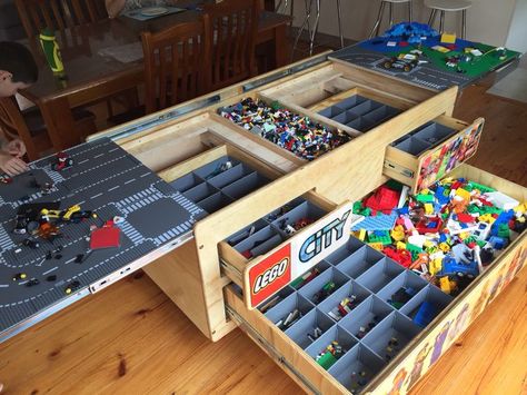 Lego Storage Table, Duplo Storage, Diy Lego Storage, Lego Activity Table, Lego Room Ideas, Lego Table With Storage, Lego Desk, Lego Room Decor, Lego Table Diy