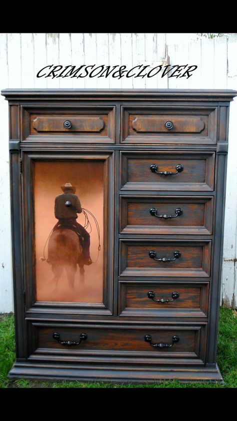 Western Decoupage Furniture, Western Style Painted Furniture, Diy Western Furniture, Western Dresser Furniture, Horse Furniture, Southwestern Furniture, Diy Western, Ranch Furniture, Cowhide Furniture