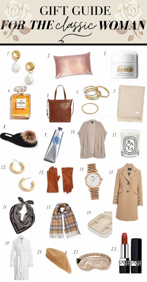 Classic and timeless fashion is talked about extensively on this blog, so it seemed only fitting to put together a gift guide for the classic and timeless woman. That’s you! These classic gift ideas are made to last and won’t go out of style. #holidaygifts #giftguide #holidaygiftguide #classicgifts List Of Accessories, Classic And Elegant Style, Elegant Gift For Woman, Classic Going Out Outfit, Classic Elegance Style, Clean Classic Style, Classy Womens Outfit, Classic Timeless Style Women, Classic Beauty Outfits