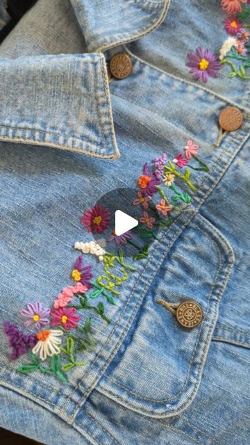 Caroline Laurent on Instagram: "Hand embroidered denim jacket for my moms birthday 🌸🎨 #embroideredflowers #handemboidered #embroidery #embroidered" How To Embroider Flowers On Jean Jacket, Hand Embroidery On Jean Jacket, Diy Embroidered Jean Jacket, Embroidery On Denim Jackets, Jean Jacket Embroidery Ideas, Denim Jacket Embroidery Ideas, Jeans Jacket Embroidery, Jacket Embroidery Ideas, Embroidered Jeans Diy