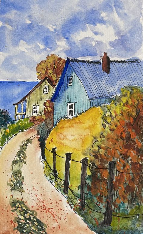 Line and Wash Peter Sheeler, Watercolor Houses, Line And Wash, Whimsical Houses, Art 2023, Watercolour Landscape, Art Whimsical, Outline Designs, Cottage Art