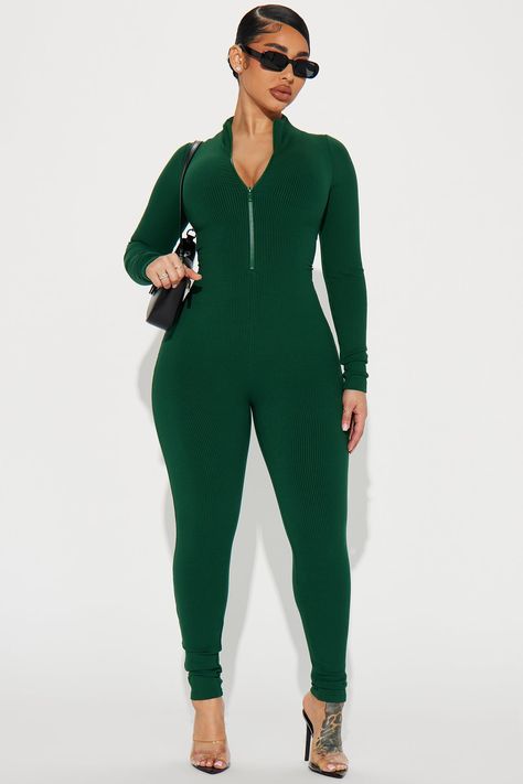 Available In Cream And Hunter. Jumpsuit Long Sleeve High Neck Zip Front Skinny Leg Compression Ribbed Stretch 82% Rayon 18% Spandex Imported | Anabel Snatched Jumpsuit in Hunter size Small by Fashion Nova Leg Compression, Jumpsuit Long Sleeve, Fashion Nova Curve, Cute Clothing Stores, Jumpsuit Long, Sweater Jumpsuit, Unisex Baby Clothes, Long Jumpsuits, Clothing Stores