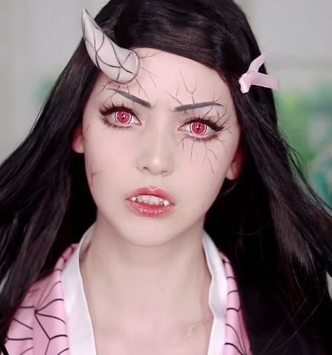 Demon Slayer Nezuko Makeup, Nezuko Cosplay Makeup, Nezuko Makeup, Face Makeup Halloween, Makeup Anime, Demon Makeup, Cosplay Makeup Tutorial, Anime Eye Makeup, Nezuko Cosplay