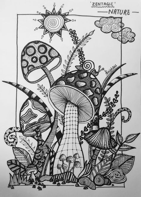 Nature Mushrooms, Zentangle Flowers, Doodle Art Flowers, Flower Drawing Tutorials, Zentangle Artwork, Zen Doodle Art, Organic Art, Black And White Sketches, Tangle Art