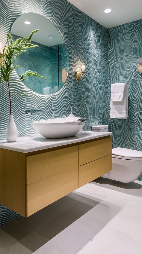 Dive into tranquility with a Pisces-inspired bathroom 🌊✨. Embrace ocean vibes with wave-pattern tiles and a sleek floating vanity. Let dreamy blues and seafoam greens create a spa-like oasis that soothes the soul and ignites imagination. Perfect for a serene escape at home 🛁💙. Water Theme Bathroom, Mermaid Bathroom Aesthetic, Pool Bathroom Ideas, Sea Themed Bathroom, Reality Aesthetic, Ocean Themed Bathroom, Dreamy Ocean, Vintage Bathroom Decor, Mermaid Bathroom