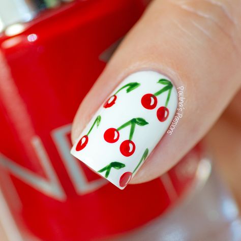 Cherry Nail Art Tutorial Cherries Nail Art, Cherry Design Nails, Cherry Nails Design, Cherry Nails Acrylic, Cherry Nails Designs, Cherries Nails, Nails With Cherries, Cherry Nail Designs, Fruits Nails