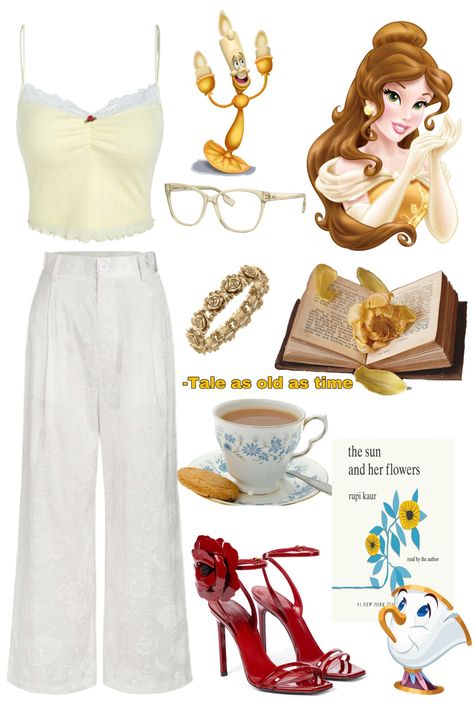 Yellow tank shirt with rose detailing paired with white flower print palazzo pants. Red rose stilletos. Gold rose bracelet. Pastel yellow prescription glasses. Belle Inspired Outfits, Disney Princess Inspired Outfits, Aesthetic Vintage Outfits, Disney Character Outfits, Belle Outfit, Princess Inspired Outfits, Disney Princess Outfits, Cute Disney Outfits, Everyday Cosplay