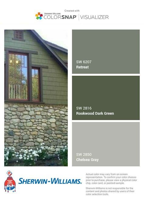 I just created this color palette with the Sherwin-Williams ColorSnap® Visualizer app on my Android phone. What do you think? You can learn more about ColorSnap Visualizer and get it on your phone free by visiting http://www.sherwin-williams.com/colorsnap. Exterior Paint Colors For House With River Rock, Exterior House Green Color Schemes, Green Exterior House Colors Farmhouse Sherwin Williams, Sherwin Williams Secret Garden Exterior, Outdoor Green Paint Colors For House, Green House Green Trim, Rookwood Dark Green Sherwin Williams Exterior, Earthy Green Exterior House Colors, Green Exterior House Colors Farmhouse