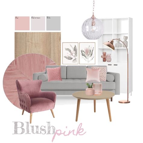 Pastel Interior Mood Board, Blush Pink Mood Board, Pink Gray Living Room, Blush Pink Interior, Pink Interior Design, Pink Bedroom Accessories, Style Sourcebook, Blush Pink Living Room, Cozy Living Room Furniture