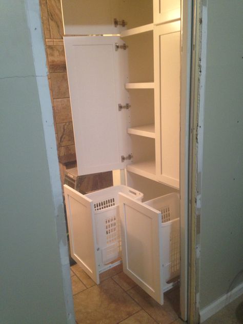 Bathroom Closet With Hamper, Slide Out Hamper Cabinet, Closet Laundry Hamper Ideas, Cabinet For Dirty Clothes, Laundry Room Hamper Cabinets, Linen Closet With Laundry Hamper, Built In Linen Closet With Hamper, Bathroom Hamper Cabinet Built Ins, Laundry Built In