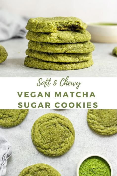 The best Vegan Matcha Sugar Cookies that are so soft & chewy! These easy green tea matcha cookies are made with only 8 ingredients & make for the perfect vegan cookie that is dairy-free, eggless, and SO delicious. Truly one of my favorite vegan matcha dessert recipes! #matchacookies #vegancookies #matchasugarcookies Matcha Sugar Cookies, Matcha Dessert Recipes, Healthy Vegan Dessert, Patisserie Vegan, Cookies Video, Green Tea Matcha, Matcha Dessert, Matcha Cookies, Vegan Cookie