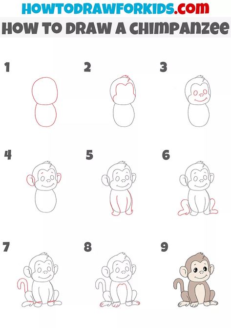 How to Draw a Chimpanzee - Easy Drawing Tutorial For Kids Cute Chimpanzee, Easy Halloween Drawings, Drawing Ideas For Kids, Easy Flower Drawings, 30 Day Drawing Challenge, Sketching Tips, Easy Drawing Tutorial, Drawing Tutorials For Kids, Cute Drawing