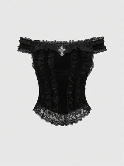 Goth Gothic Palace Style Cross Decoration Lace Trim Velvet Off Shoulder Women Top Cruz Outfits, Gothic Palace, Goth Plus Size, Goth Corset, Crosses Decor, Gothic Outfits, Closet Fashion, Teenage Fashion Outfits, Dream Clothes