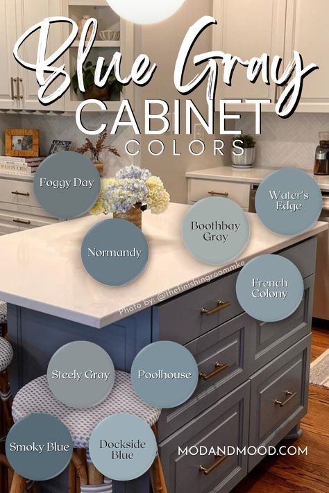 blue gray cabinet colors Best Blue Gray Cabinet Colors, Best Sherwin Williams Blue Cabinet Colors, Sw Serious Gray Cabinets, Paint Colors To Go With White Cabinets, Sw Foggy Day Paint, Stone Blue Kitchen Cabinets, Sw Downing Slate Cabinets, Dove Grey Cabinets, Oxford Gray Benjamin Moore Cabinets