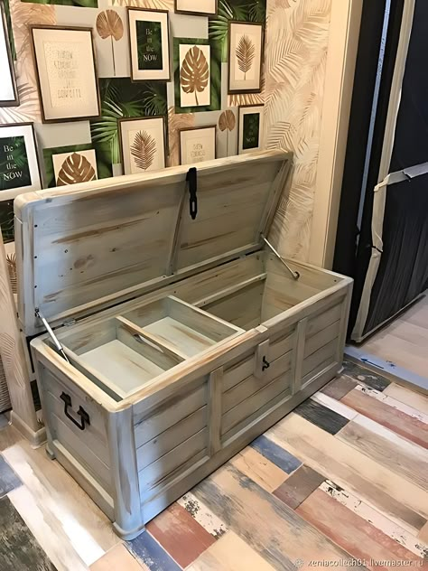 Floating Nightstand Ideas, Industrial Furniture Wood, Modern Floating Nightstand, Trunk Furniture, Nightstand Ideas, Vintage Wooden Crates, Chest Ideas, Tool Storage Cabinets, Chest Furniture