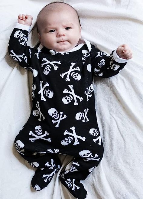 Baby Moo's Alternative Baby Outfit Sleepsuit for Boys or Girls | New Skull & Crossbones Pirate Romper Jolly Roger - Halloween, Goth Baby Clothes, or New Baby Gift UK : Amazon.co.uk: Fashion Gothic Baby Clothes, Alternative Baby Clothes, Goth Baby Clothes, Pirate Baby, Gothic Baby, Goth Baby, Halloween Goth, Skull Crossbones, Skull Clothing