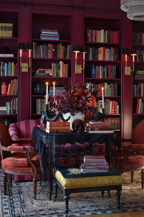 Retro Living Room Ideas, Jewel Tone Living Room, Dark Academia Room, Moody Living Room, Retro Living Room, Colorful Halloween, Maximalist Interior, Moody Interiors, Pink Palace