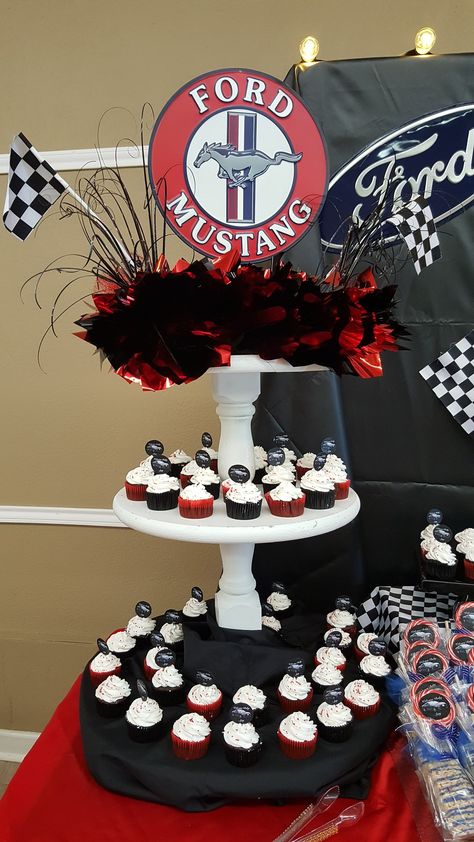 Mustang themed baby shower candy table Camaro Birthday Party Ideas, Mustang Theme Birthday Party, Mustang Birthday Party, Mustang Birthday Party Ideas, Fast And Furious Baby Shower Theme, Mustang Theme Party, Mustang Party Ideas, Ford Mustang Birthday Party Ideas, Ford Party Decor