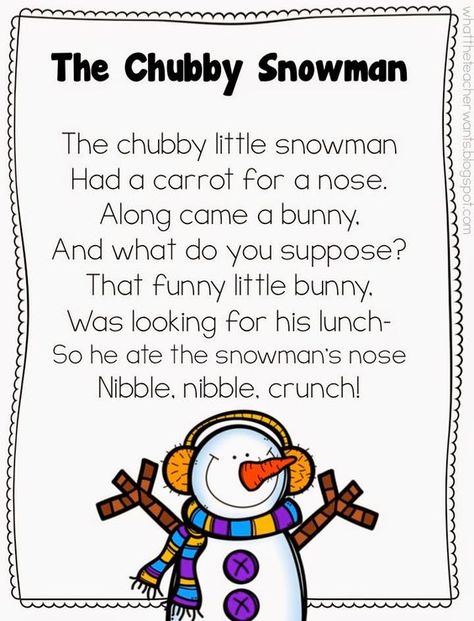 Shared Reading of Poem, "A Chubby Snowman" & Writing Response (from What the Teacher Wants) Snowman Poem, Shared Reading Poems, Kindergarten Poems, Preschool Poems, Winter Poems, Reading Poems, Winter Activities Preschool, Songs For Toddlers, Poetry For Kids