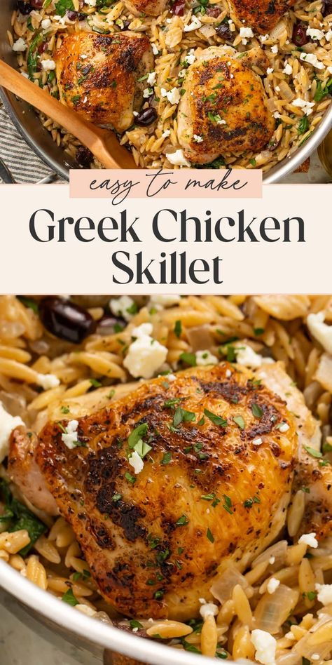 This one-pan meal is packed with Greek flavor! Tender chicken thighs are seasoned and cooked until perfectly juicy, nestled on a bed of orzo with feta, olives, and spinach. And the clean-up doesn’t get simpler for this quick and easy dinner! Greek Sheet Pan Chicken, Orzo With Feta, Orzo Feta, Tzatziki Recipes, Feta Chicken, Easy Skillet Meals, Chicken Skillet, Homemade Tzatziki, Hearty Comfort Food