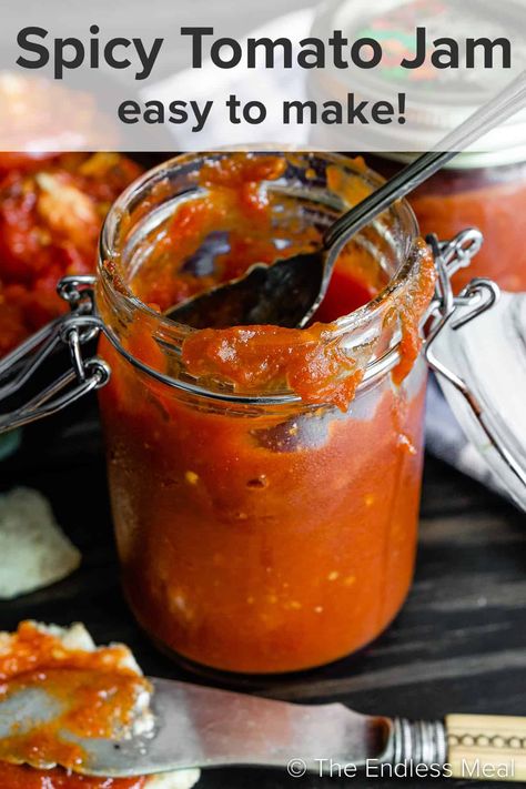 Spicy Tomato Jam, Spicy Jam, Tomato Jam Recipe, Freezer Jam, Tomato Jam, Delicious Magazine, Chopping Block, Recipe Board, Hot Spicy