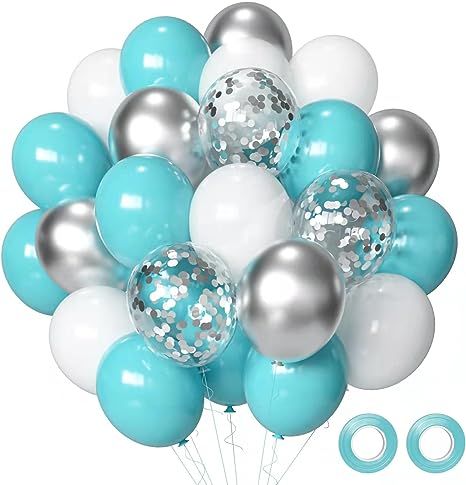 Amazon.com: Teal Blue Silver White Balloons, 50Pcs Teal Turquoise Tiffany Blue and White Silver Confetti Latex Balloons for Wedding Bridal Baby Shower Birthday Graduation Party Decorations : Home & Kitchen Mermaid Baby Shower Theme, Teal Balloons, Elegant Party Decorations, Girls Party Decorations, Orange Balloons, Yellow Balloons, Silver Balloon, Metallic Balloons, Mermaid Theme Party