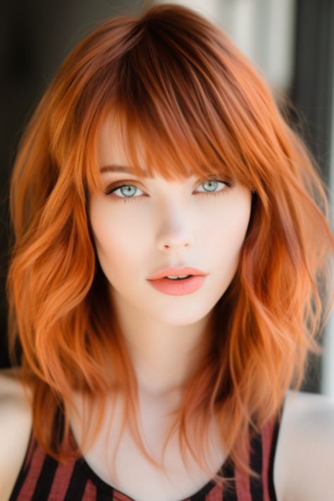 Copper illusion bangs feature a lighter copper shade for the bangs, giving the illusion of fuller, thicker hair. The rest is a deeper copper, adding dimension and contrast. Click here to check out more lovely copper hair color ideas for 2023. Bangs Copper Hair, Copper Hair Long, Hair Color Ideas For 2023, Roux Auburn, Copper Hair Color Ideas, Strawberry Blonde Hair Color, Pretty Rainbow, Bright Red Hair, Braided Bun Hairstyles