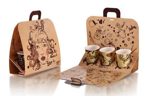 What a great design for carrying beverages! Much better than the typical ones they give out! Shopping Bag Design, Menue Design, Don Pedro, Paper Bag Design, Innovative Packaging, Cool Packaging, Coffee Shop Design, Food Packaging Design, Coffee Packaging