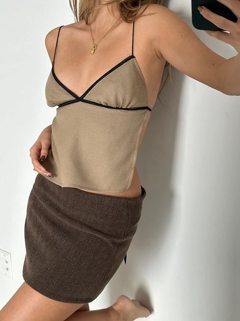 Women Backless Crop Top Sexy Tie Up Spaghetti Strap Camisole Summer Going Out Tops Cute Mini Lacing Vest 2000s Girls, Soulmate Au, Crop Top Sleeveless, Clothes Embroidery Diy, Clothes Embroidery, French Lingerie, Y2k Crop Top, Spaghetti Strap Crop Top, Cropped Camisole