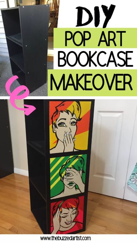 DIY Pop Art Inspired Bookshelf Makeover | Upcycled Art Diy Pop Art Decor, Bookshelf Upcycle, Diy Pop Art, Pop Art Furniture, Old Bookshelf, Bookshelf Makeover, Easy Upcycle, Bold Eclectic, Diy Decoupage