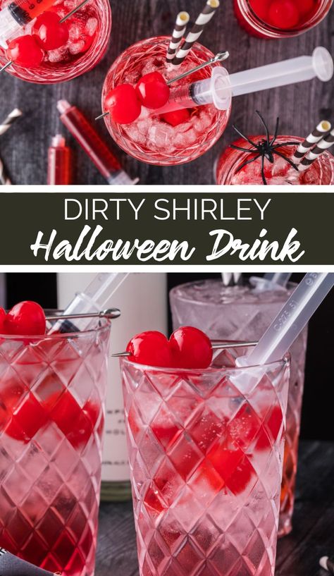 Halloween Shirley Temple Drink, Spooky Shirley Temple, Syringe Drinks Halloween, Spiked Shirley Temple, Horror Movie Drinks, Halloween Shirley Temple, Shirley Temple Halloween, Halloween Adult Drinks, Dirty Shirley Temple