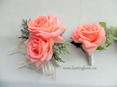 Coral corsage and boutonniere #coralandmintwedding Coral Corsage, Coral Boutonniere, Gatsby Dresses, Coral Wedding Flowers, Rose Corsage, Corsage And Boutonniere, Gatsby Dress, Peach Rose, Living Coral