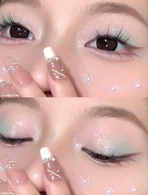 Glitter Eyeshadow Looks, Makeup Chart, Pretty Eye Makeup, Sparkly Makeup, Cute Eye Makeup, Korean Eye Makeup, Douyin Makeup, Green Makeup, Ethereal Makeup