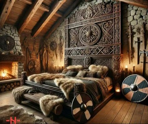 Viking Style Bedroom, Medieval Decor Interior Design, Scottish Bedroom Ideas, Modern Viking House, Cob Bedroom, Viking Bedroom Ideas, Vikings Bedroom, Viking House Interiors, Viking Decor Interior Design