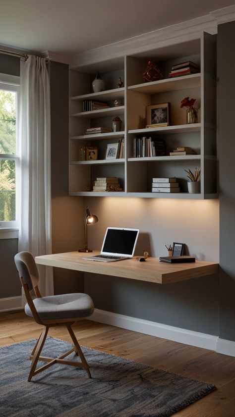 Grey Home Office Ideas, Modern Minimalist Home Office, Home Office Interior Design Ideas, Scandinavian Workspace, Murphy Bed With Desk, Grey Home Office, Home Office Interior Design, Tranquil Home, Custom Cabinet Doors