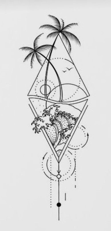 Triangle Palm Tree Tattoo, Tattoo Ideas Beach Ocean, Triangle Sea Tattoo, Mandala Beach Tattoo, Big Ocean Tattoo, Beachy Sketch Ideas, Bahamian Tattoo Ideas, Beach Triangle Tattoo, Bermuda Tattoo Ideas