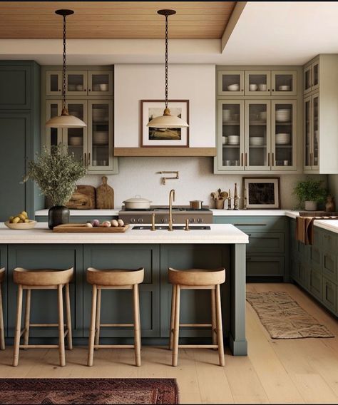 Elegant Kitchen Design, Green Kitchen Cabinets, Floor Ideas, Elegant Kitchens, Kitchen Color, Modern Farmhouse Kitchens, Farmhouse Dining Room, Kitchen Floor, Trendy Kitchen