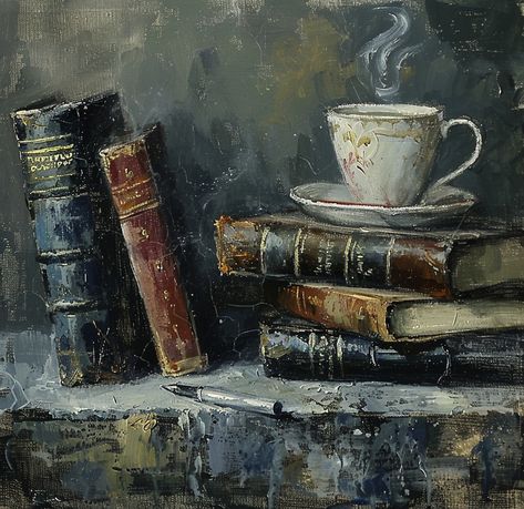 Oil Painting: Books and Coffee Still Life Oil Painting For Gift, Books Canvas Painting, Book Paintings On Canvas, Coffee And Book Aesthetic, Book Stack Painting, Books Painting Art, Cup Of Coffee Painting, Painting Of Books, Tea Cup Painting